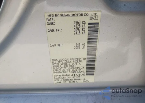 2021 Nissan Altima Sv Fwd z USA, uszkodzony, nr VIN 1N4BL4DV6MN415495